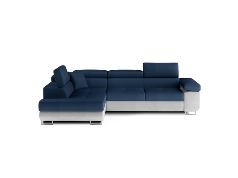  Canapé d'angle convertible menton bleu océan et blanc bouclette – angle gauche avec coffre  - Conforama A