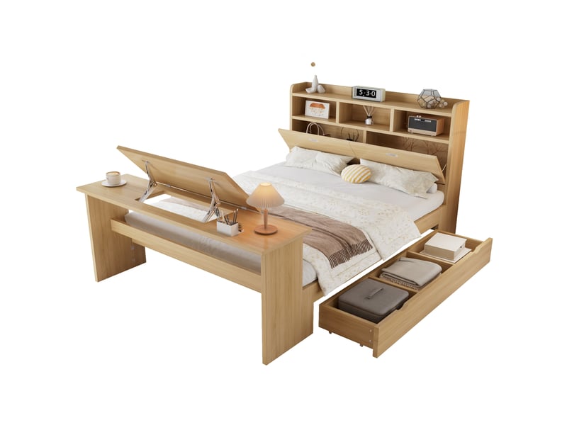  Lit enfant avec rangement, tête de lit étagère, tiroir et table pliante réglable, 140 x200cm, bois naturel  - Conforama A