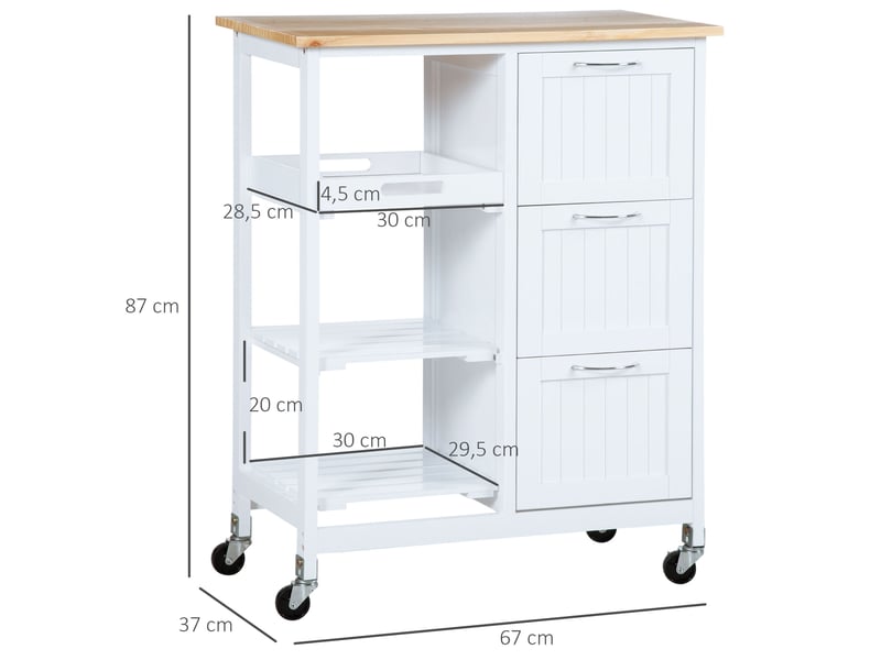  Desserte de cuisine 67 x 37 x 84 cm blanche en mdf, 3 tiroirs, plateau en bois et roulettes avec freins  - Conforama C