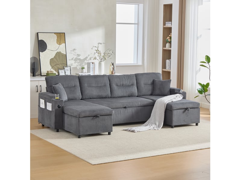 Canapé panoramique convertible modenvie 4 places en velours côtelé gris charbon avec deux méridiennes, rangements, porte-gobelets et usb type-c 272 x 136 x 86 cm - Conforama D