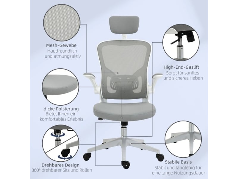  Chaise de bureau ergonomique inclinable avec appui-tête, réglable, grise, 65x64x114-122 cm  - Conforama B