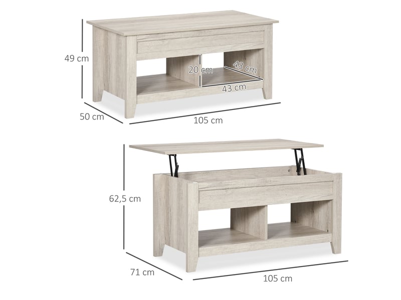  Table basse plateau relevable, table de salon avec étagères et compartiment caché,105 x 50 x 49-62,5 cm pour salon, aspect chêne clair, chambre  - Conforama C