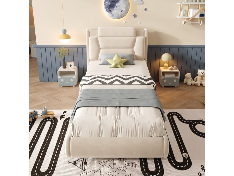 Lit rembourré pour enfants 90x200cm - lit en forme de voiture de course - hauteur de tête de lit réglable - avec éclairage led - tissu velours - beige (sans matelas)  - Conforama E