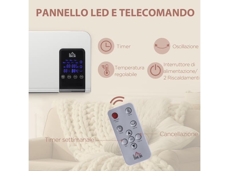  Chauffage soufflant oscillant mural avec minuterie 12 heures et 2 modes de chauffage, 54,5 x 12 x 21,5 cm, blanc  - Conforama E