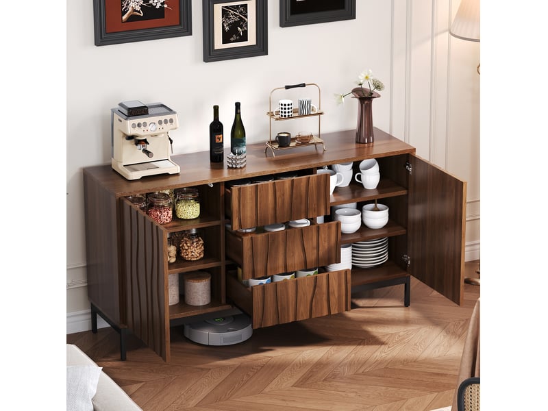  Buffet 150 cm marron foncé effet chêne, 3 tiroirs, 2 portes et 2 étagères réglables  - Conforama C