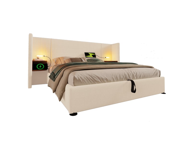  Lit double 180x200 cm corduroy beigeblanc – chevet, lampe lecture, ports usb-c et coffre  - Conforama A
