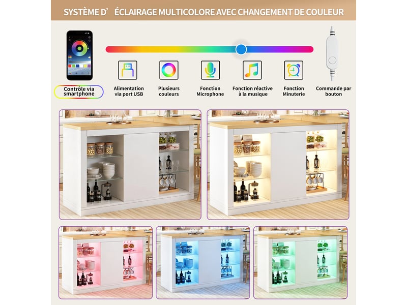 Îlot de cuisine extensible 120–197x40x72 cm avec plateau pivotante 360°, rgb led, rangement vitré et étagère réglables, blanc - Conforama E