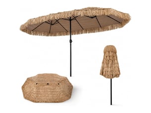 Parasol de jardin exterieur en paille pe 4,5x2,7m, grand parasol rectangulaire double exotique avec 12 baleines, manivelle, protection solaire
