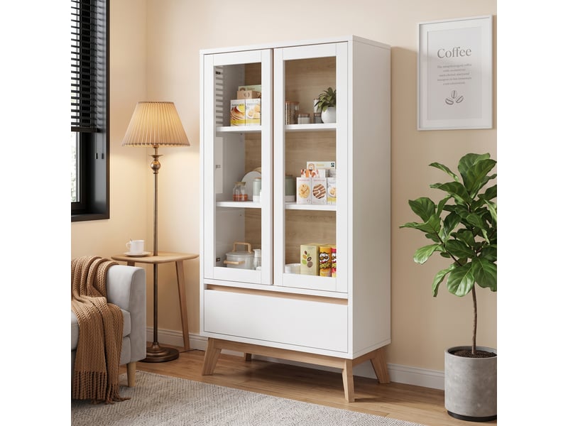Meuble de rangement cuisine 80x40x150 cm avec portes, tiroir et étagères réglables, buffet haut scandinave en panneaux de particules - blanc - Conforama D