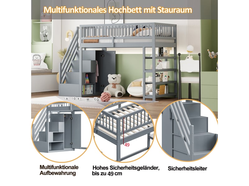  Lit mezzanine 90 x 200 avec armoire et étagères  - Conforama D