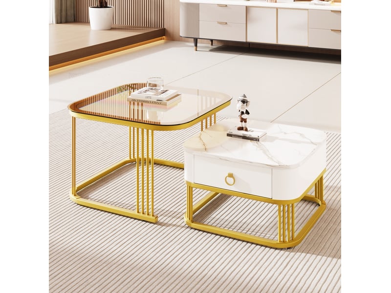  Lot de 2 tables basses gigognes avec tiroir, verre brun et effet marbre blanc  - Conforama D