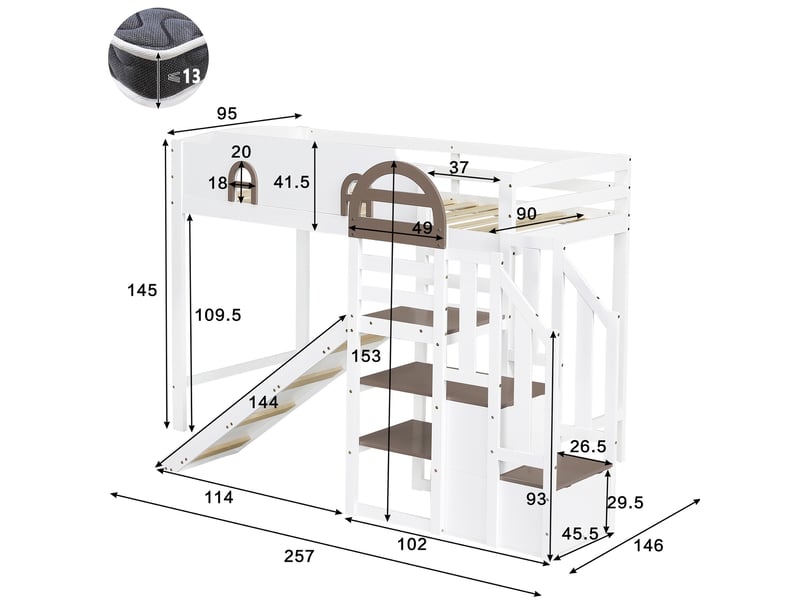 Lit mezzanine 90x200 cm, lit enfant avec toboggan et escalier de rangement, pin massif et mdf, blanc - Conforama E