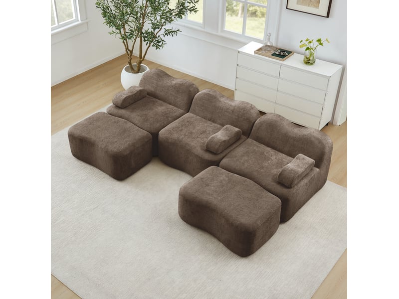  Canapé modulable 3 places en u avec 2 ottomans, velours marron  - Conforama B