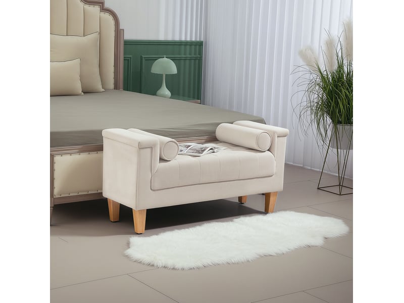  Banc rembourré 115 x 44 x 58 cm beige en polyester chenille, avec accoudoirs et coussins cylindriques  - Conforama B