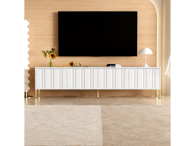  Meuble tv blanc 190 x 38 x 48 cm, pieds dorés, portes à rainures verticales, blanc  - Conforama B