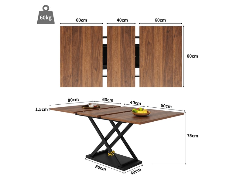  Table extensible (120)160×80x75cm avec pieds en métal à design croisé, style naturel, pour salon, mdf, noyer et noir  - Conforama D