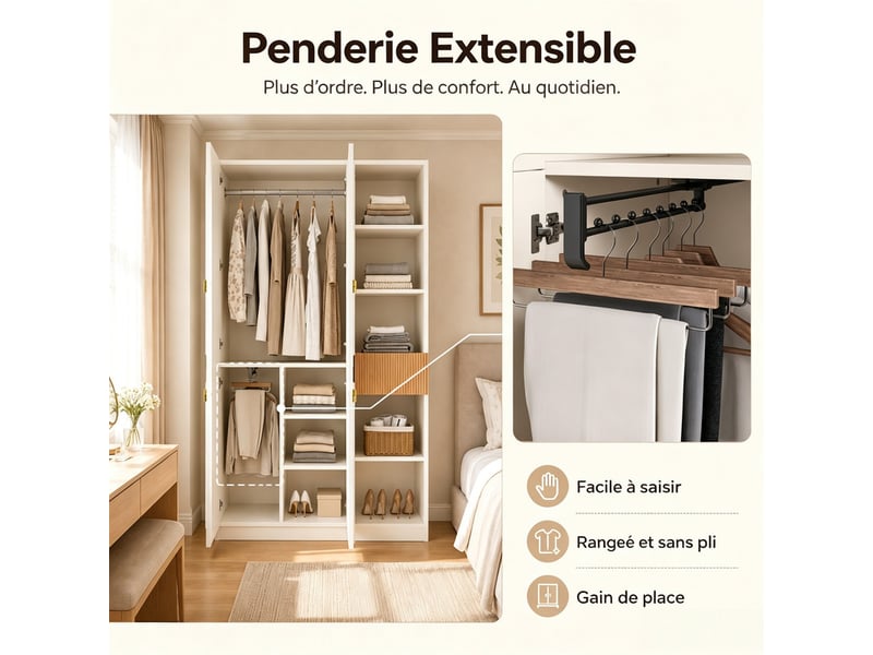  Ensemble penderie-armoire, 135 x 50 x 200 cm, 2 penderies, 3 compartiments fermés et 5 niches ouvertes, finition blanc effet bois  - Conforama E