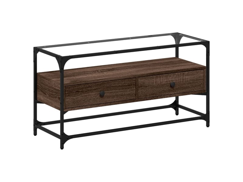  Meuble tv - banc tv - meuble de rangement avec dessus en verre chêne marron bois d'ingénierie  - Conforama A