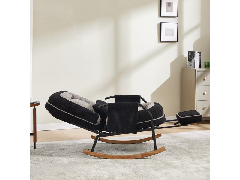  Fauteuil à bascule modenvie inclinable avec repose-pieds coulissant 80 x 87 x 95 cm fausse fourrure noir et gris  - Conforama E