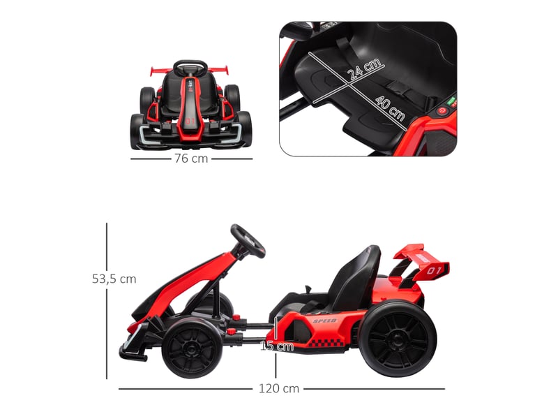 Karting électrique pour enfants de 6 à 12 ans, 24 v, 12 kmh, siège réglable, rouge - Conforama E