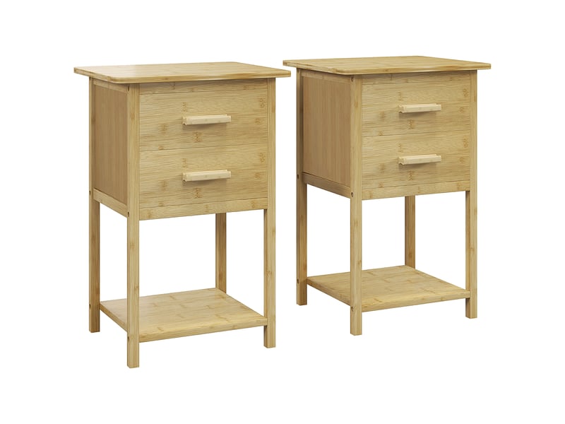  Lot 2 tables chevet nordiques, 2 tiroirs + étagère, bambou, 40x34x60 cm, bois.  - Conforama B