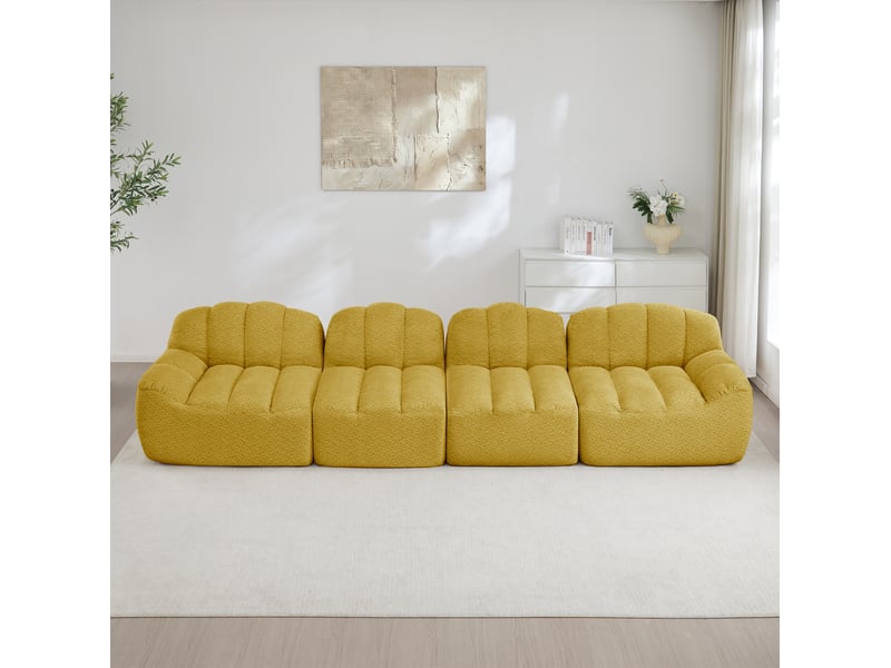 Canapé modulable 4 places en forme de coquillage jaune en fleece granulé - Conforama C