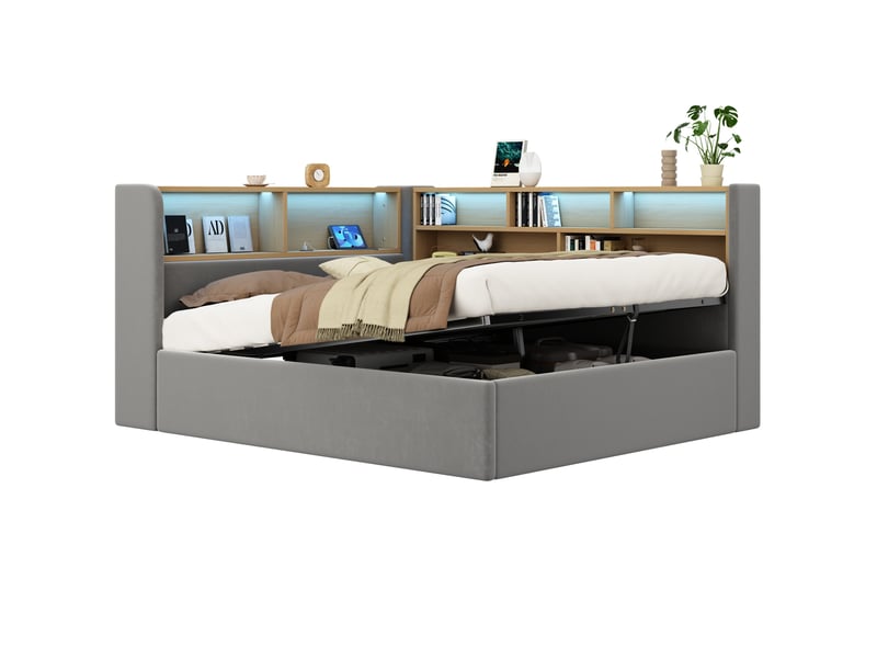 Canapé-lit 140x190 cm avec dossier, rangement hydraulique, port usb et led, revêtement velours gris, sans matelas