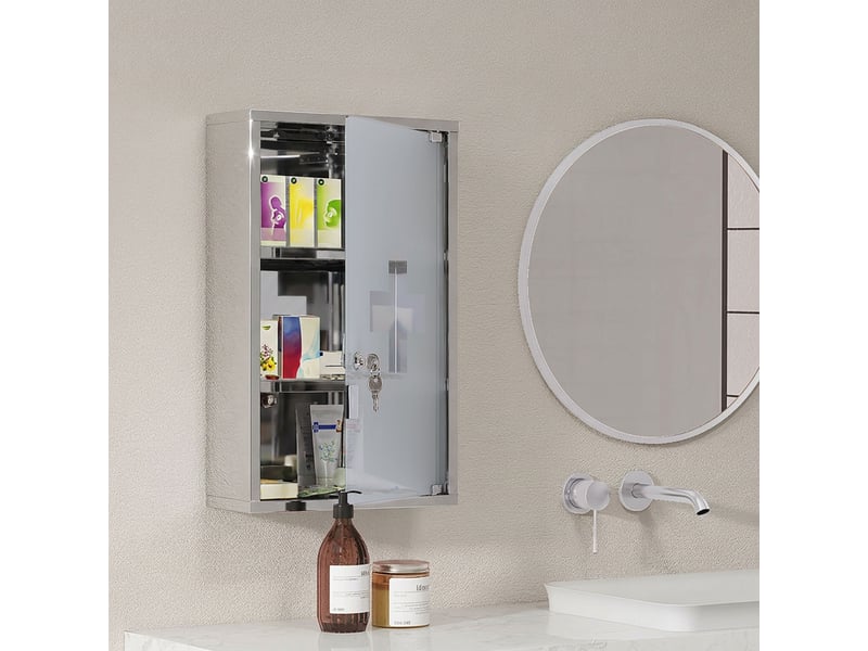  Armoire à pharmacie murale à 3 niveaux en acier inoxydable avec porte verrouillable en verre avec 2 clés  - Conforama C
