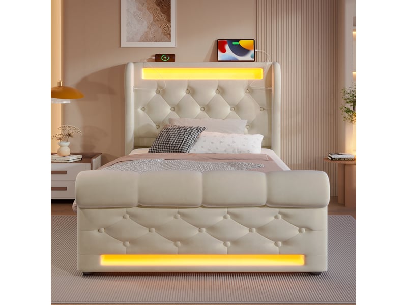  Lit coffre 90 × 200 cm 1 place avec led, usb-c et rangement hydraulique, sans matelas, en velours beige  - Conforama C