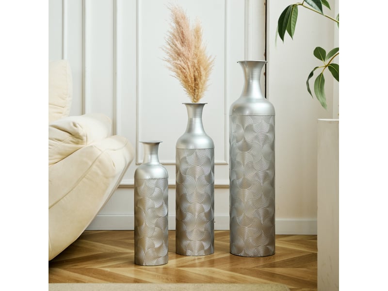  Lot de 3 vases de sol 50, 66 et 83 cm à motif ondulé en métal argenté  - Conforama B