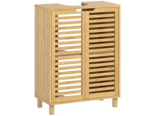 Meuble sous lavabo en bambou, meuble de salle de bain avec 2 portes persiennes, étagère réglable, bois naturel