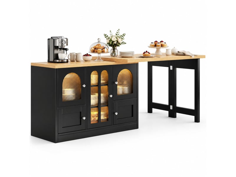 Buffet bas table extensible 3-en-1 120-197x40(80)x72 cm, led rgb, pivotant 360°, portes vitrées, rangement, mdf, noir - Conforama A