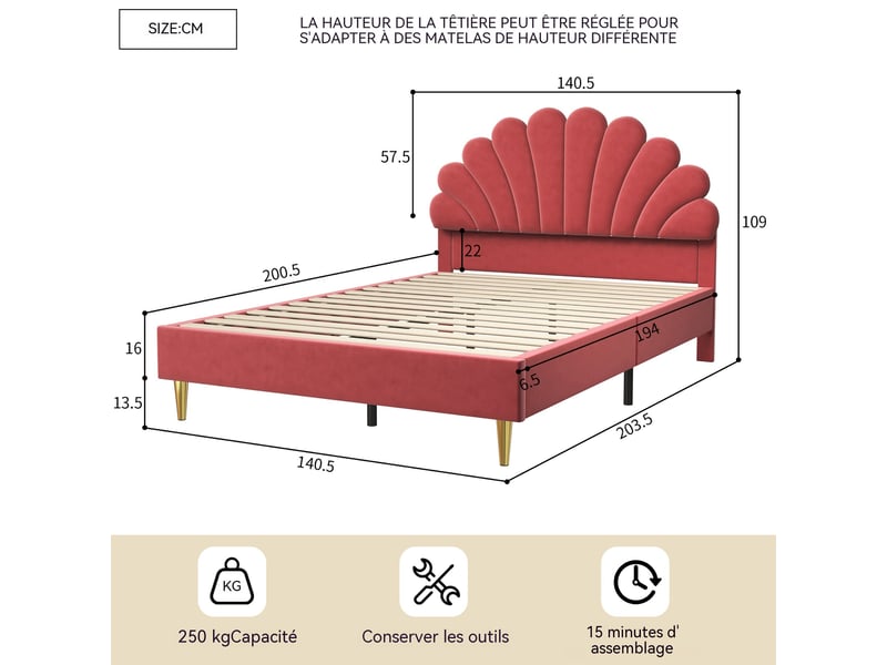 Lit double adulte 140x200 avec sommier, cadre de lit, tête de lit design pétales rembourrée, velours, pieds dorés, bordeaux - Conforama C