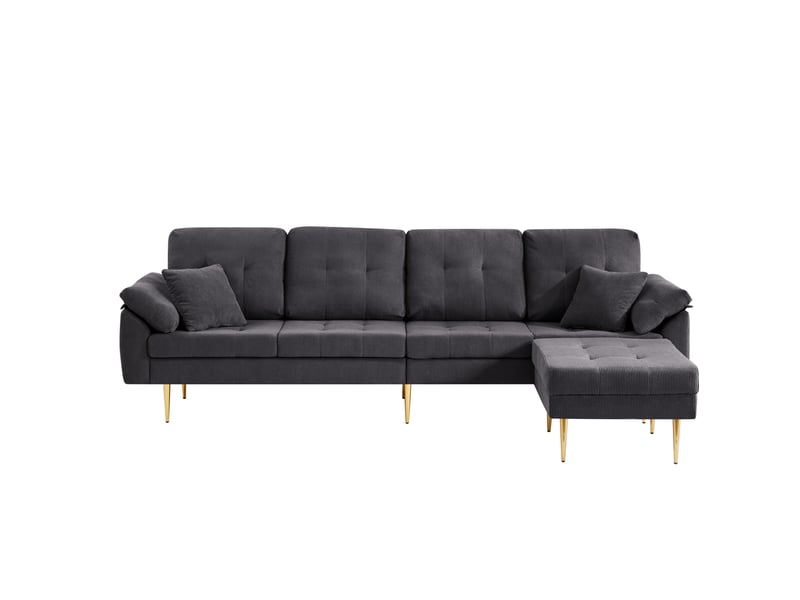 Canapé droit 4 places avec pouf modulable, assise profonde et pieds en fer, en velours côtelé gris foncé, 250 cm - Conforama A
