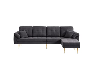 Canapé droit 4 places avec pouf modulable, assise profonde et pieds en fer, en velours côtelé gris foncé, 250 cm