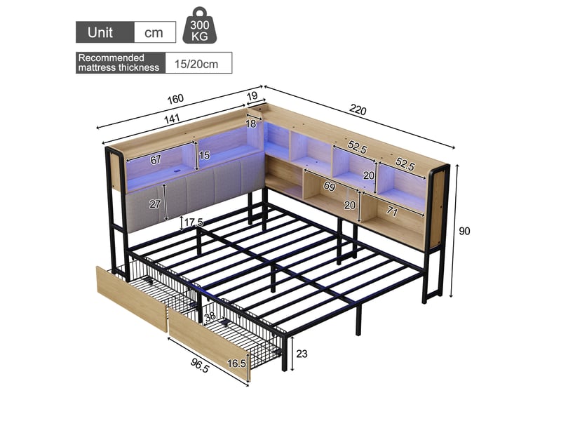 Lit double 140x200 cm avec led et 2 tiroirs, lit enfant avec usb et usb-c et tête de lit rangement, naturel - Conforama E