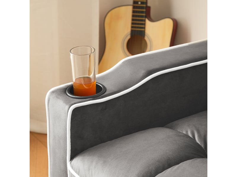 Fauteuil convertible 3 en 1, canapé-lit 1 place velours avec porte-gobelets et support téléphone, gris foncé, 83x167x76cm - Conforama E