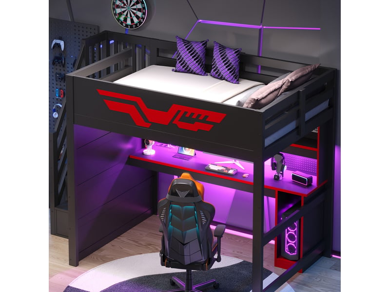  Lit mezzanine gaming 140x200 cm bureau usb led, 7 couleurs, escalier rangement, mdf et contreplaqué, noir rouge sans matelas  - Conforama B