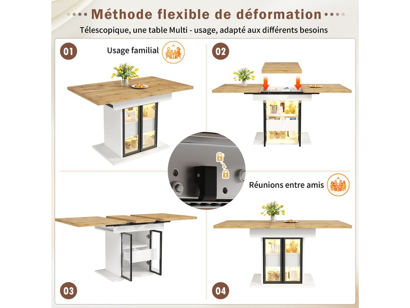  Table à manger extensible blanc, 2 tiroirs, rangement, portes vitrées, éclairage led, confort, solide - mdf et métal - 110x80x77.9cm  - Conforama D
