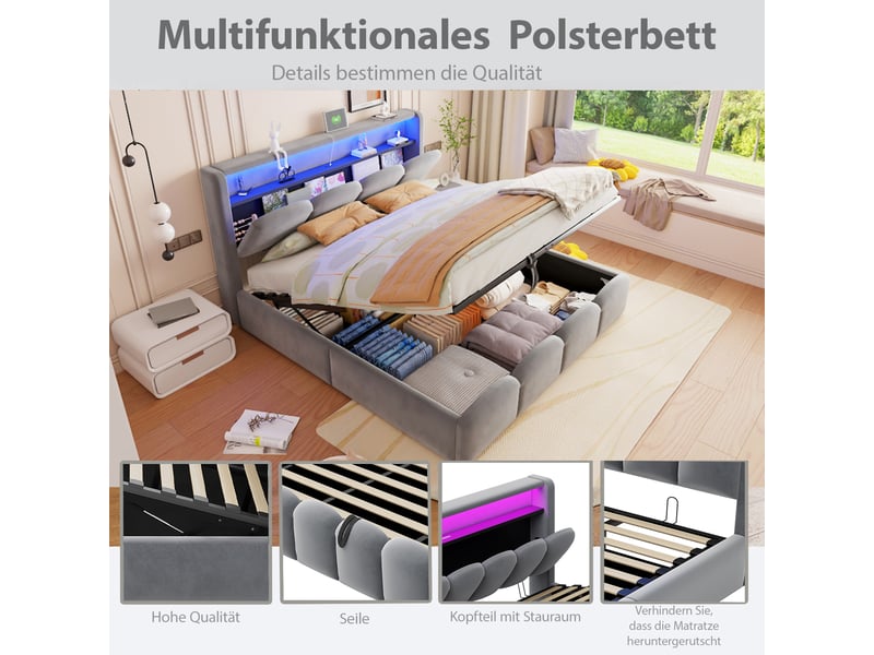  Lit rembourré 140*200, couchage hydraulique et rangements, ports usb et type-c, led, velours gris, design floral  - Conforama D
