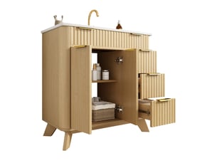 Meuble de salle de bain - 81x47x90cm - meuble sous-vasque avec vasque céramique, 2 portes soft-close & 3 tiroirs - bois naturel