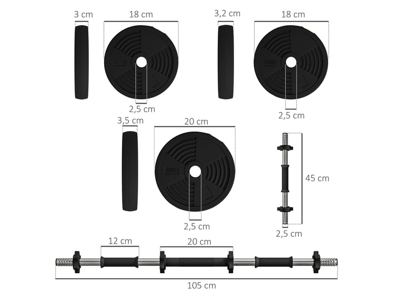  Ensemble d'haltères 2 en 1 (barre et haltères), 20 kg, antidérapant, respectueux des sols, noirvert  - Conforama E