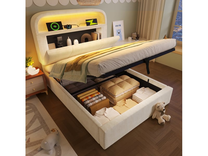  Modenvie lit coffre 90x200 cm - tête de lit réglable avec led et ports usb-c, avec matelas - beige  - Conforama D