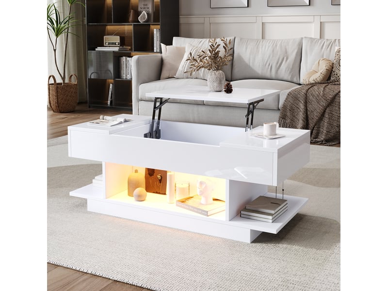  Table basse relevable 98 x 45 cm avec led, rangements et plateau blanc  - Conforama B