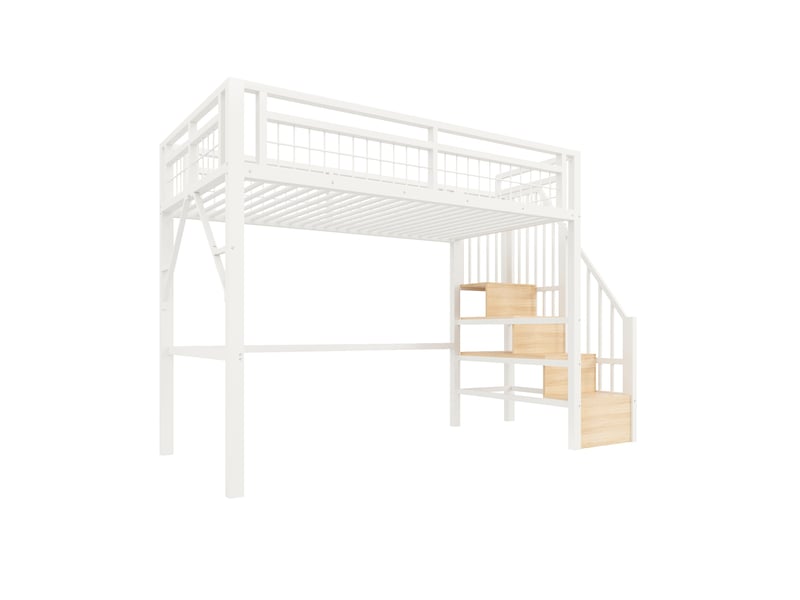 Lit mezzanine 90x200 cm en métal et mdf avec led via application, escalier avec rangements et espace libre sous le lit, blanc. - Conforama A