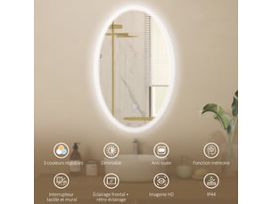 Miroir salle de bain avec éclairage 80 x 50 cm, miroir led ovale, anti-buée, dimmable, 3 couleurs lumière, transparent