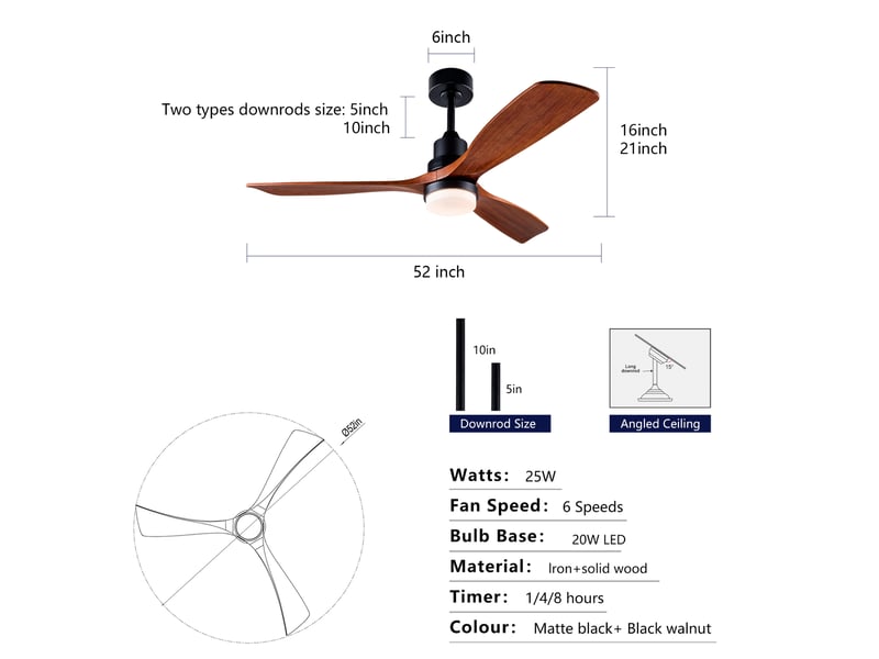 Ventilateur de plafond avec lumière, télécommande, moteur dc réversible, pales en bois massif noir noyer foncé - Conforama C