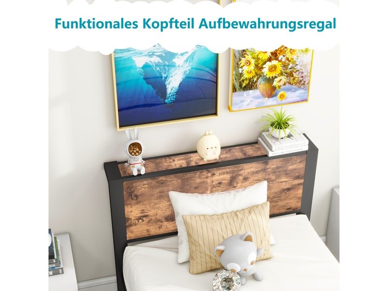  Lit simple 90x200 cm avec sommier à lattes, cadre de lit adulte avec tête de lit de rangement, brun vintage, lit 1 personne  - Conforama D