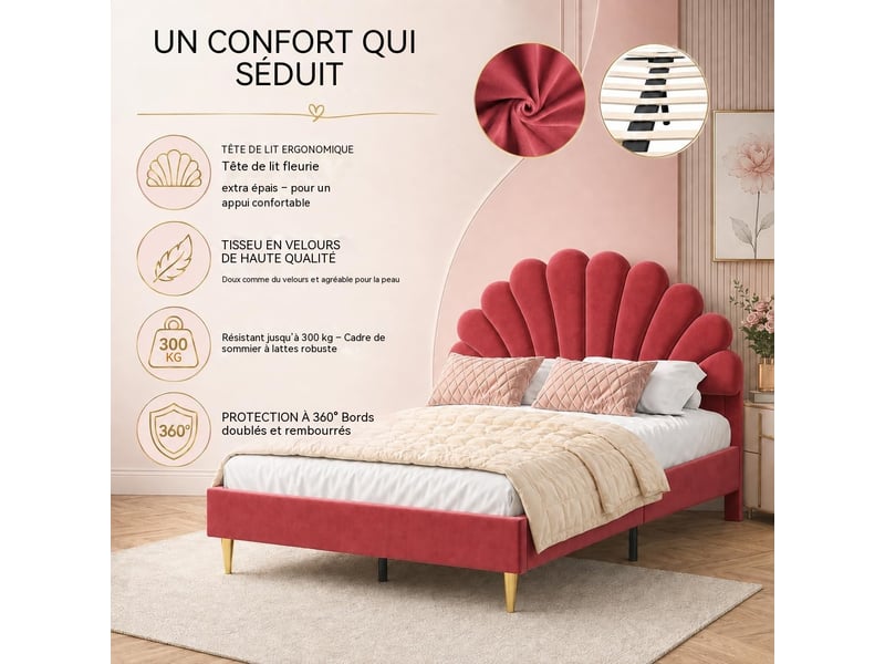  Lit enfant 140x200 cm cadre rembourré en velours, tête de lit design pétale, pieds métalliques dorés, structure stable charge 150kg  - Conforama C