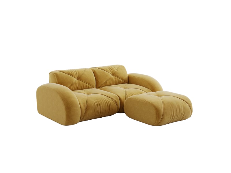  Canapé modulable 2 places 204x171x76 cm, design antiglisse, mousse haute densité 32d, avec pouf, revêtement en chenille, jaune  - Conforama A
